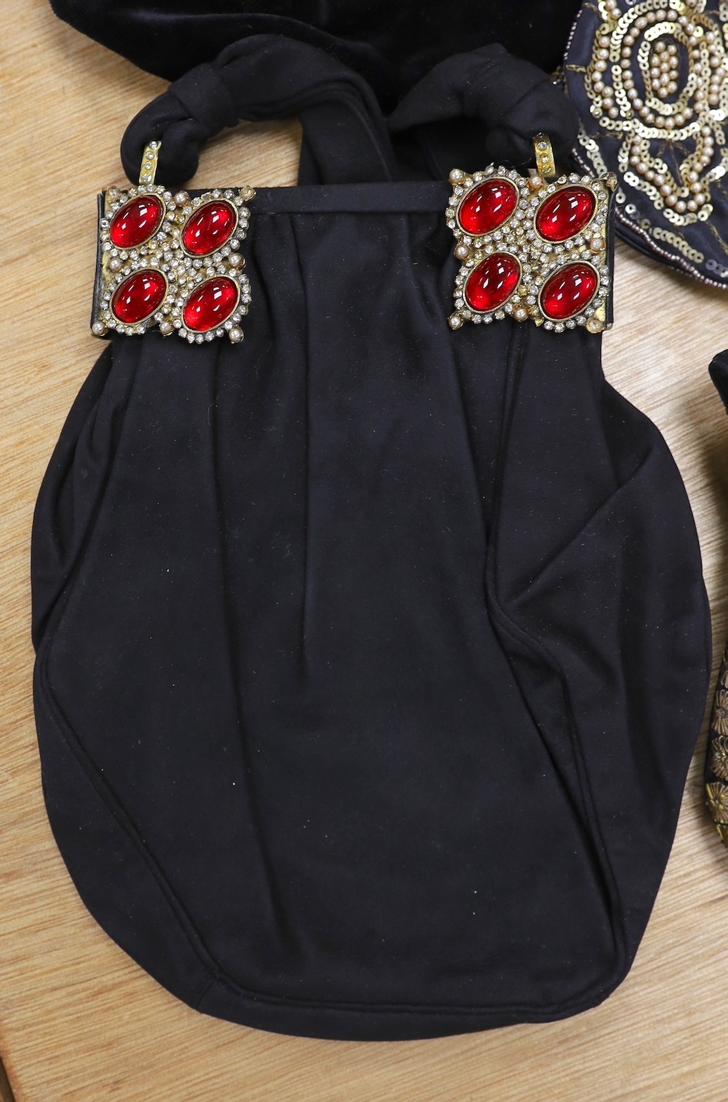 Two 1930’s-40’s evening bags with diamanté encrusted Bakelite frames together with five others with similar diamanté clasps (7)